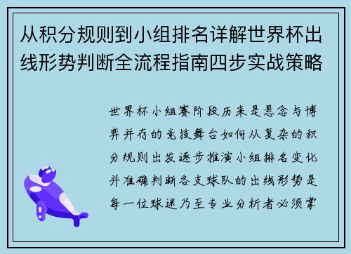 从积分规则到小组排名详解世界杯出线形势判断全流程指南四步实战策略 从积分规则到小组排名详解世界杯出线形势判断全流程指南四步实战策略